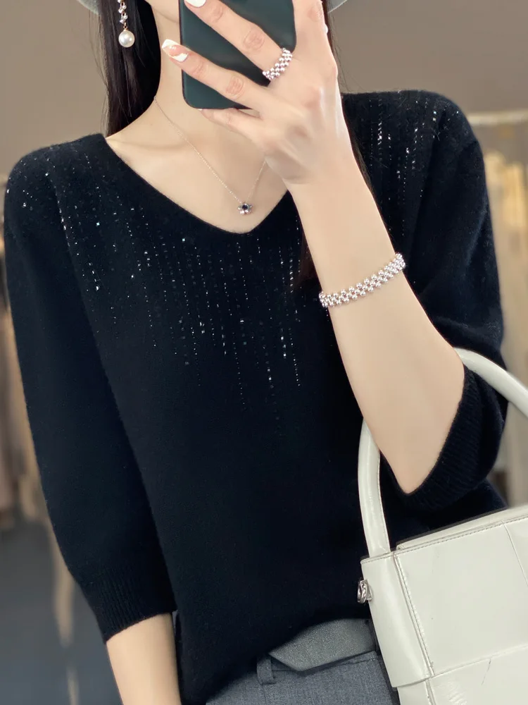 Half Sleeve Cashmere Women Knitted Sweaters Merino Wool Spring Summer Diamond V-Neck Top Pullover Clothing Knitwear
Half Sleeve Cashmere Women Knitted Sweaters Merino Wool Spring Summer Diamond V-Neck Top Pullover Clothing Knitwear