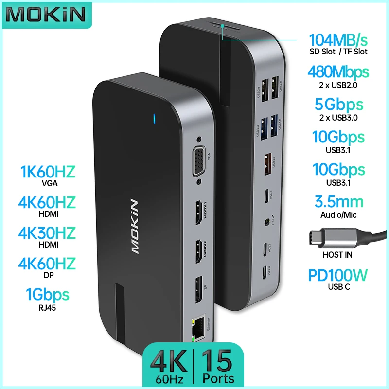 Док-станция MOKiN 15 в 1 для MacBook Air/Pro, iPad, ноутбука Thunderbolt — Type-C 3.1, HDMI 4K60 Гц, PD 100 Вт, RJ45 1 Гбит/с, SD
Док-станция MOKiN 15 в 1 для MacBook Air/Pro, iPad, ноутбука Thunderbolt — Type-C 3.1, HDMI 4K60 Гц, PD 100 Вт, RJ45 1 Гбит/с, SD