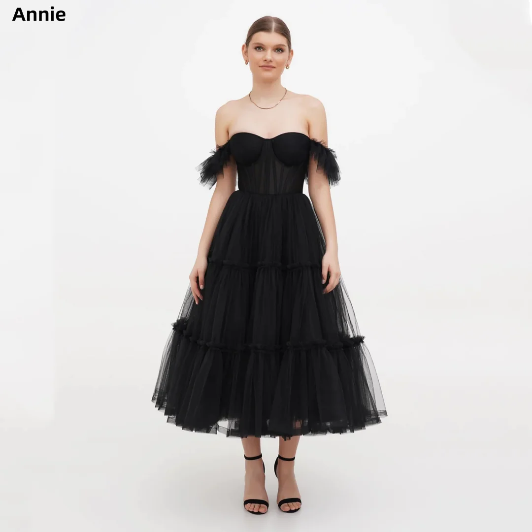 

Annie Black Ruffles Party Dresses Mid Length Tulle Vestido Coctel Strapless Straps فساتين للحفلات الراقصة