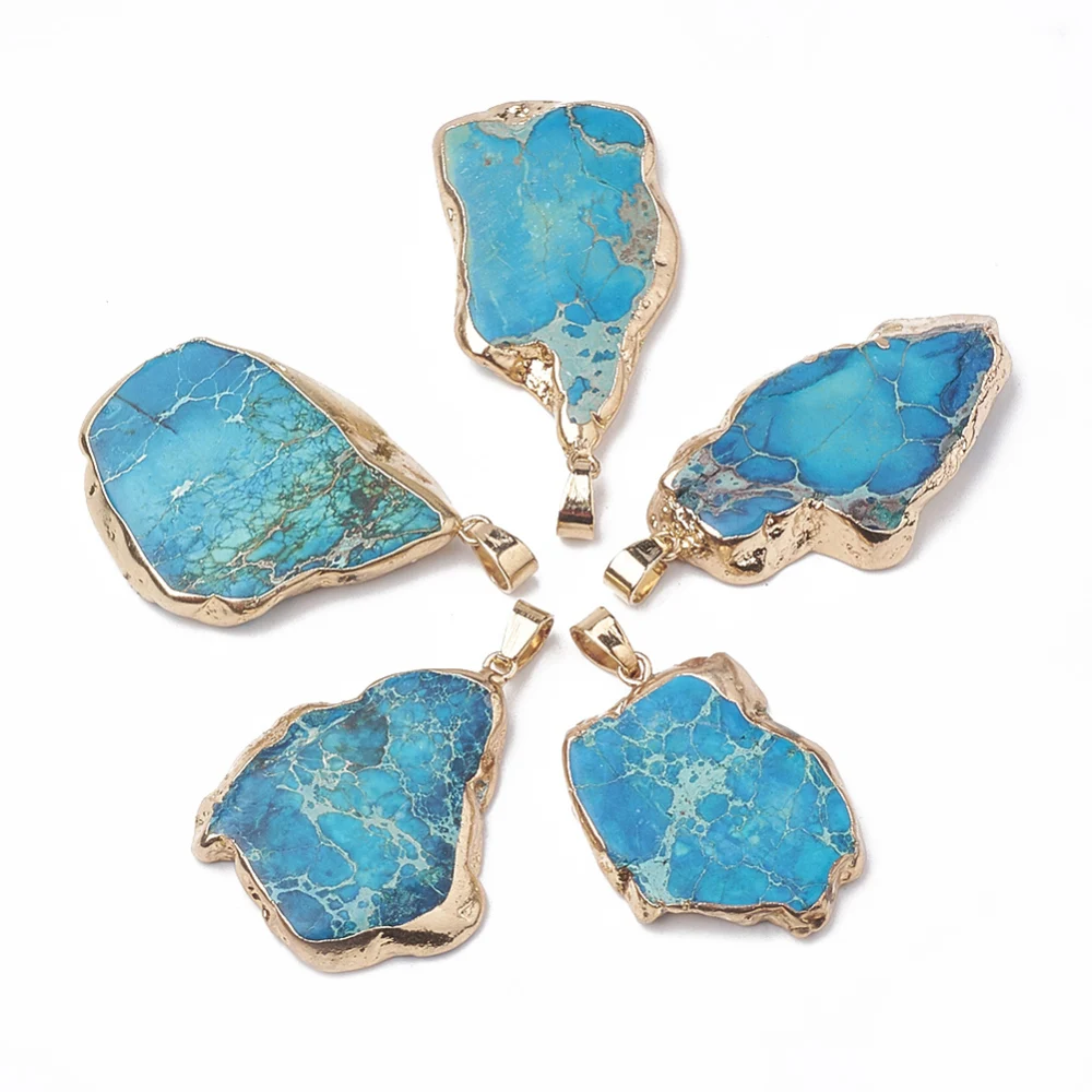 1PC Regalite/Imperial Jasper/Sea Sediment Jasper Pendants with Golden Brass Dyed Deep Sky Blue 35~50x20~40x5~6mm Hole: 4x6mm
1PC Regalite/Imperial Jasper/Sea Sediment Jasper Pendants with Golden Brass Dyed Deep Sky Blue 35~50x20~40x5~6mm Hole: 4x6mm