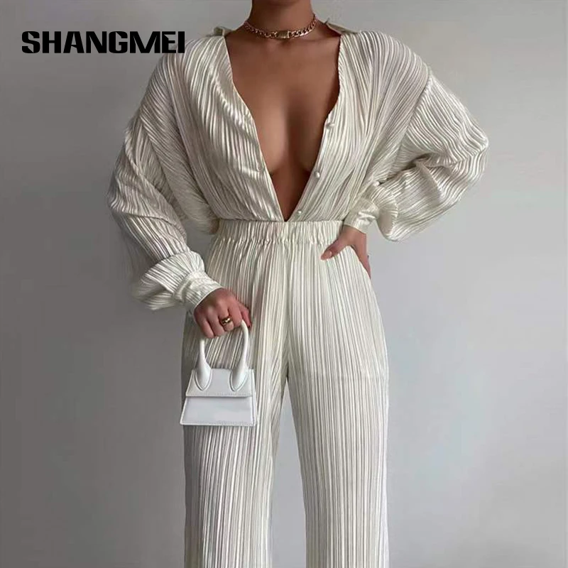 Women Shirt Suits Pleated V Neck Single-Breasted Ladies Cardigan Two Piece Set Loose Shirts and High-Waist Wide-Leg Pants Sets
Women Shirt Suits Pleated V Neck Single-Breasted Ladies Cardigan Two Piece Set Loose Shirts and High-Waist Wide-Leg Pants Sets