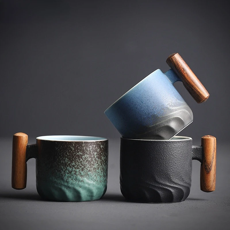

Kiln Change Ceramic Mug Wooden Handle Tea Cup Teaware Creative Italian Handmade Coffee Cups Ceramic Small Gift Mugs Exquisite