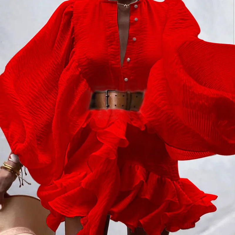 Sexy Deep V-Neck Lantern Long Sleeve Party Dress Autumn Button Pleated Ruffle Slim Dress Women Elegant Solid Mini Dress Vestidos
Sexy Deep V-Neck Lantern Long Sleeve Party Dress Autumn Button Pleated Ruffle Slim Dress Women Elegant Solid Mini Dress Vestidos