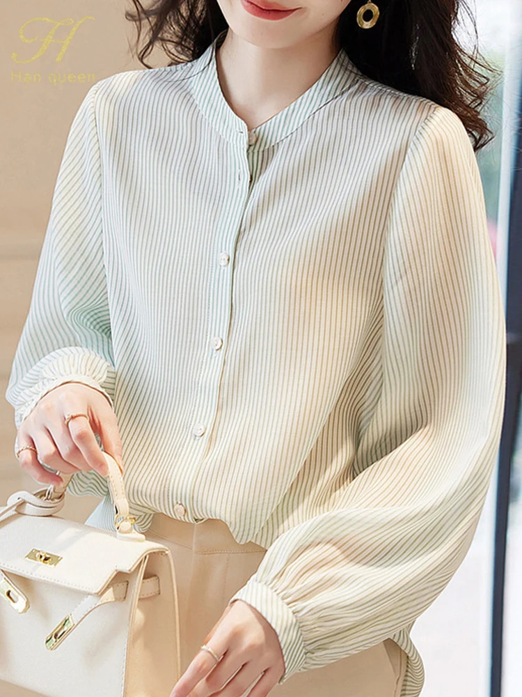 H Han Queen New Simple Stripes Blousess Women Spring Autumn Single Breasted Shirts Office Work Chiffon Blouse Vintage Loose Tops 
H Han Queen New Simple Stripes Blousess Women Spring Autumn Single Breasted Shirts Office Work Chiffon Blouse Vintage Loose Tops