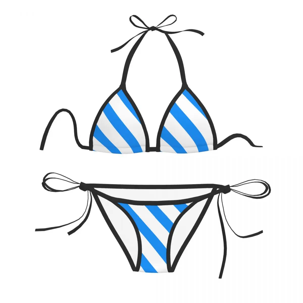 

Women Sexy Bikini Set Push-up Bra Halter Thong Brazilian Swimsuit Swimwear Beachwear Bathing White Blue Diagonal Stripe