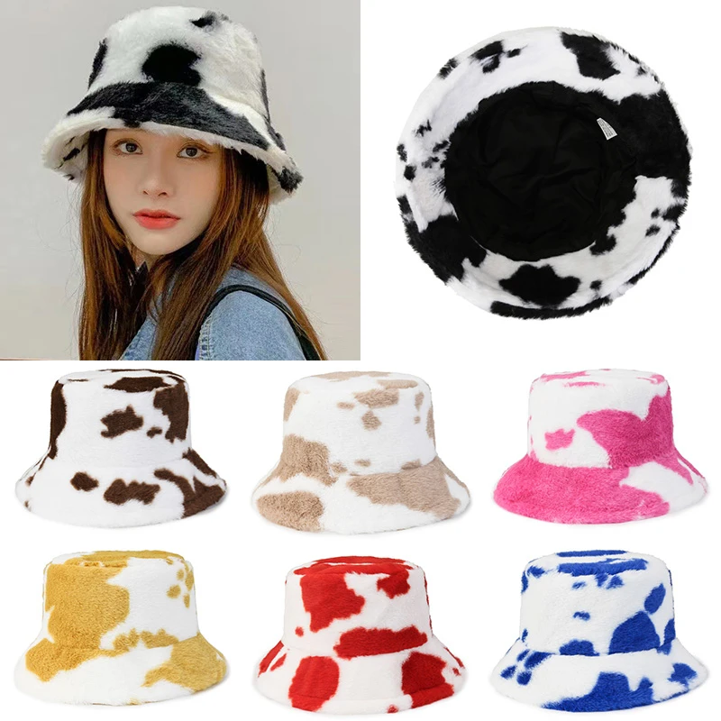 

Winter Cow Leopard Faux Fur Fluffy Bucket Hats Women Outdoor Warm Sun Hat Soft Velvet Furry Fisherman Cap Girl Fashion Panama