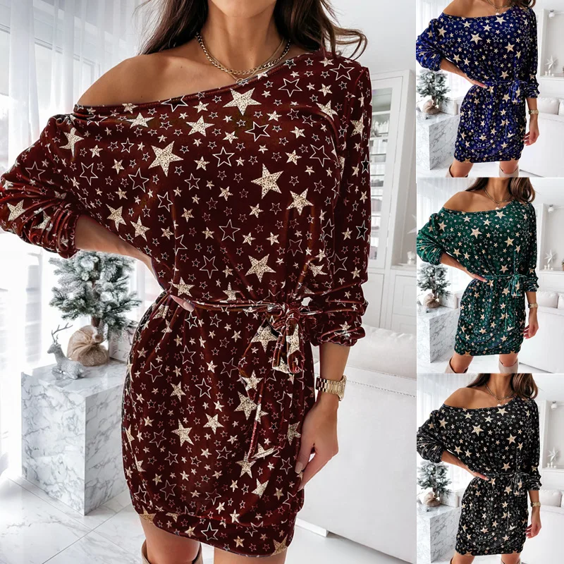 Feminine one-shoulder mini party dress kawaii star print plus size oversized club dress with belt 2022 new year dress 
Feminine one-shoulder mini party dress kawaii star print plus size oversized club dress with belt 2022 new year dress