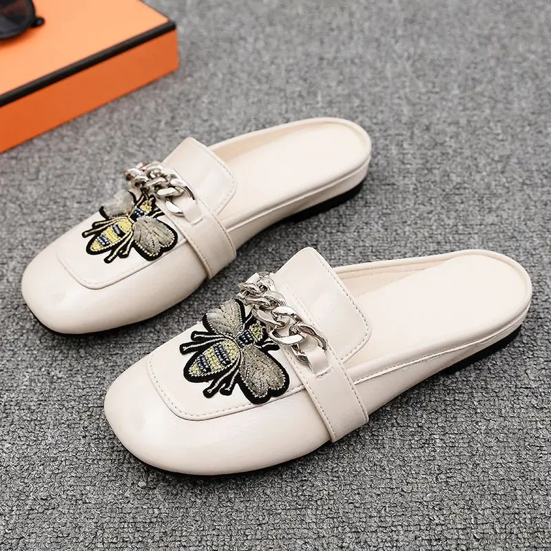 

Spring New Women Shoes Square Head Lazy Muller Shoes Flat Bottom Patent Leather Baotou Half Drag Outside Slippers Daily, Office