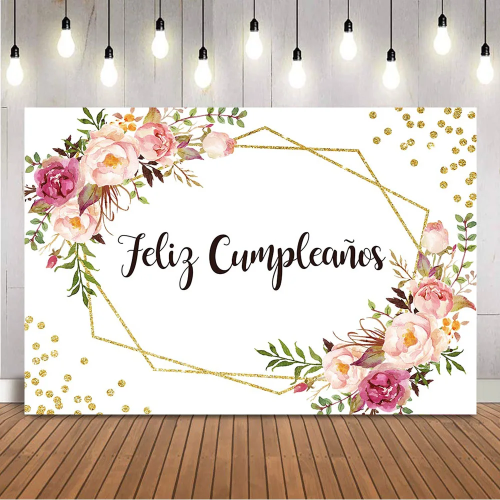 

Feliz Cumpleaños Backdrop for Photography Pink Flowers Happy Birthday Party Decoration Supplies Gold Glitter Dots Photo Backdrop