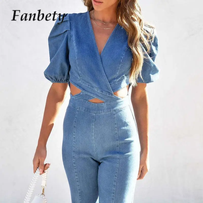 Fashion Street V Neck Bubble Short Sleeve Playsuit Women Cross Hollow Out Denim Jumpsuit Summer Solid Color Straight Jean Romper
Fashion Street V Neck Bubble Short Sleeve Playsuit Women Cross Hollow Out Denim Jumpsuit Summer Solid Color Straight Jean Romper