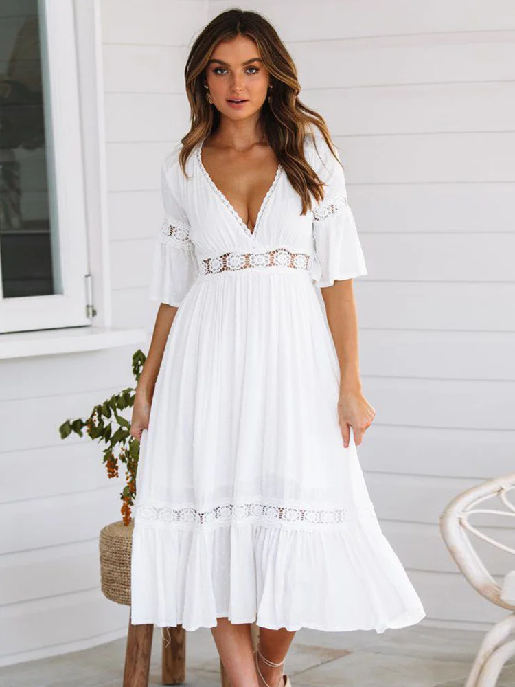 2023 Summer White Long Dress Women Boho Hollow Out Patchwork Dress Short Sleeve V-neck Loose Dress Fashion Casual Elegant Woman
2023 Summer White Long Dress Women Boho Hollow Out Patchwork Dress Short Sleeve V-neck Loose Dress Fashion Casual Elegant Woman