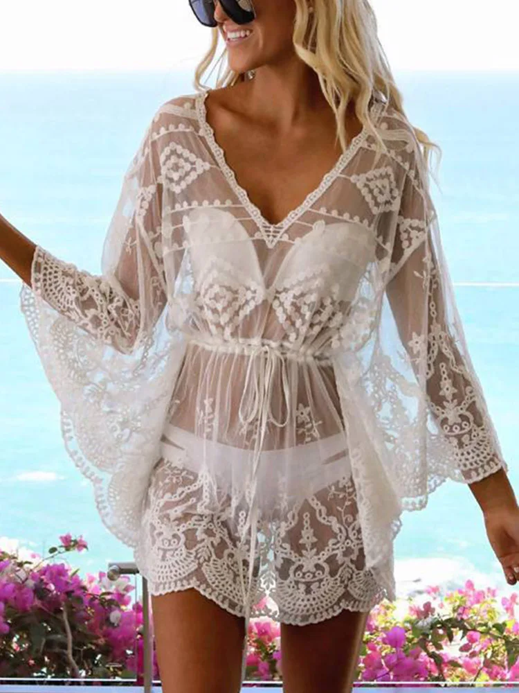 2022 New Solid Lace Mesh Embroidery Women Bikini Cover Up Dress Summer Fashion V Neck Elastic Waist Perspective Mini Beach Dress
2022 New Solid Lace Mesh Embroidery Women Bikini Cover Up Dress Summer Fashion V Neck Elastic Waist Perspective Mini Beach Dress