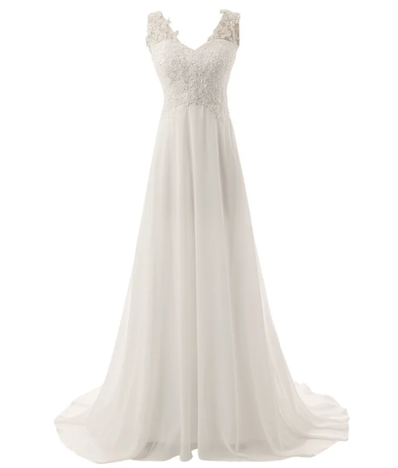 2022 A-Line New Elegant V Neck Chiffon Lace Vintage Sleeveless Backless Sweep Train Sheer Wedding Gown Wedding Dress White
2022 A-Line New Elegant V Neck Chiffon Lace Vintage Sleeveless Backless Sweep Train Sheer Wedding Gown Wedding Dress White
