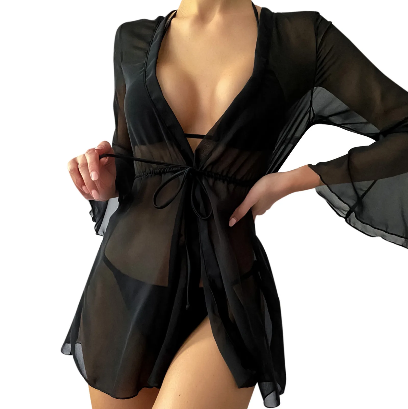 

V Neck Women Swimsuit Sheer Mesh Cover Ups Shorts Beach Cover Up Beach Wrap Bikini Wraps Solid Pom Sheer Lace Up Bathing Suit