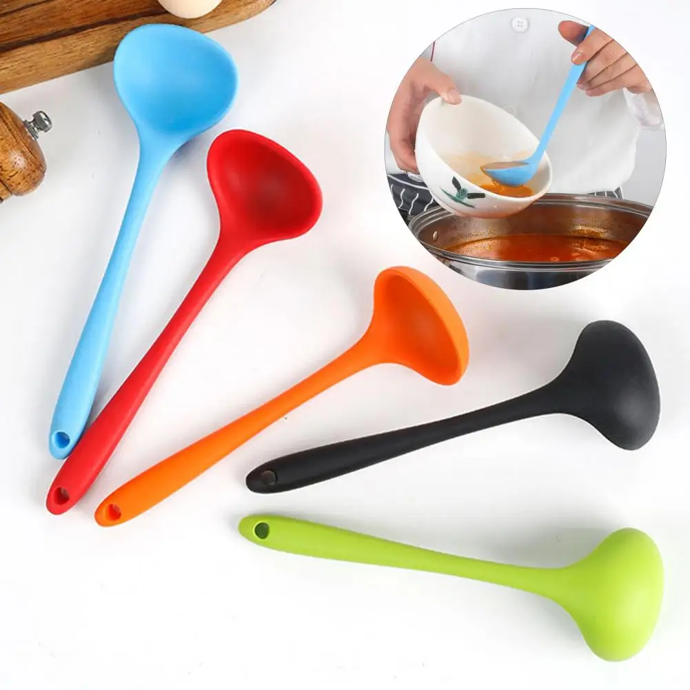 

Soup Spoon Comfortable Grip Long Handle Hanging Hole Food-grade Non-stick Silicone Spoon Portable Mixing Scoop Kitchen Gadget