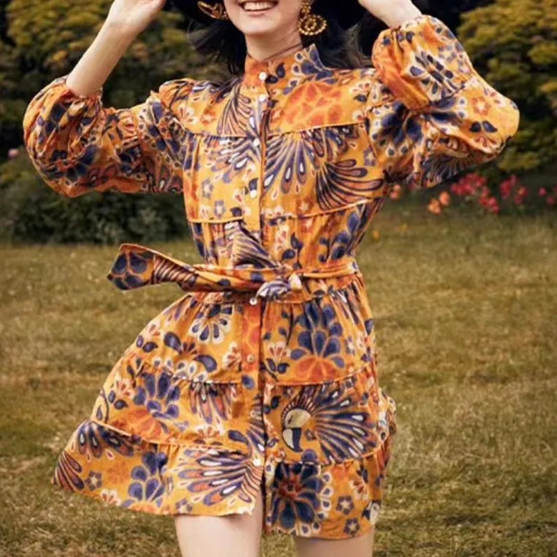 Floral Mini Dress Women Long Lantern Sleeve Stand Collar Two Piece High Waist Belt Casual Holiday Dress
Floral Mini Dress Women Long Lantern Sleeve Stand Collar Two Piece High Waist Belt Casual Holiday Dress