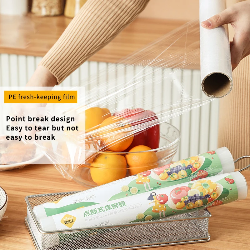 PE material 30cmx33cmx50m kitchen fruit and vegetable point-off design cling film household economical cling film high toughness
PE material 30cmx33cmx50m kitchen fruit and vegetable point-off design cling film household economical cling film high toughness