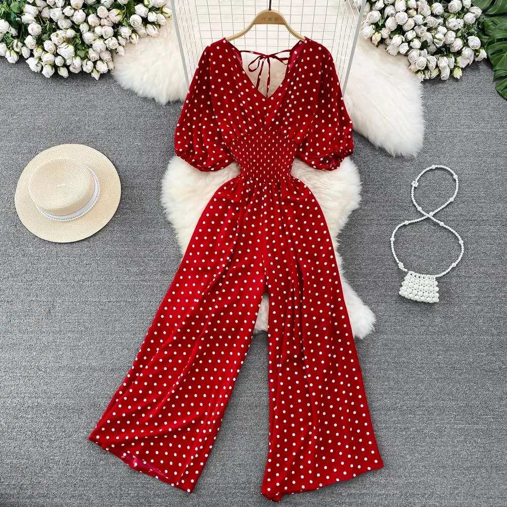 

Elegant Puff Sleeve Dots Print Jumpsuit Vintage V Neck Elastic High Waist Romper Casual Wide Leg Pants Summer Women Playsuit