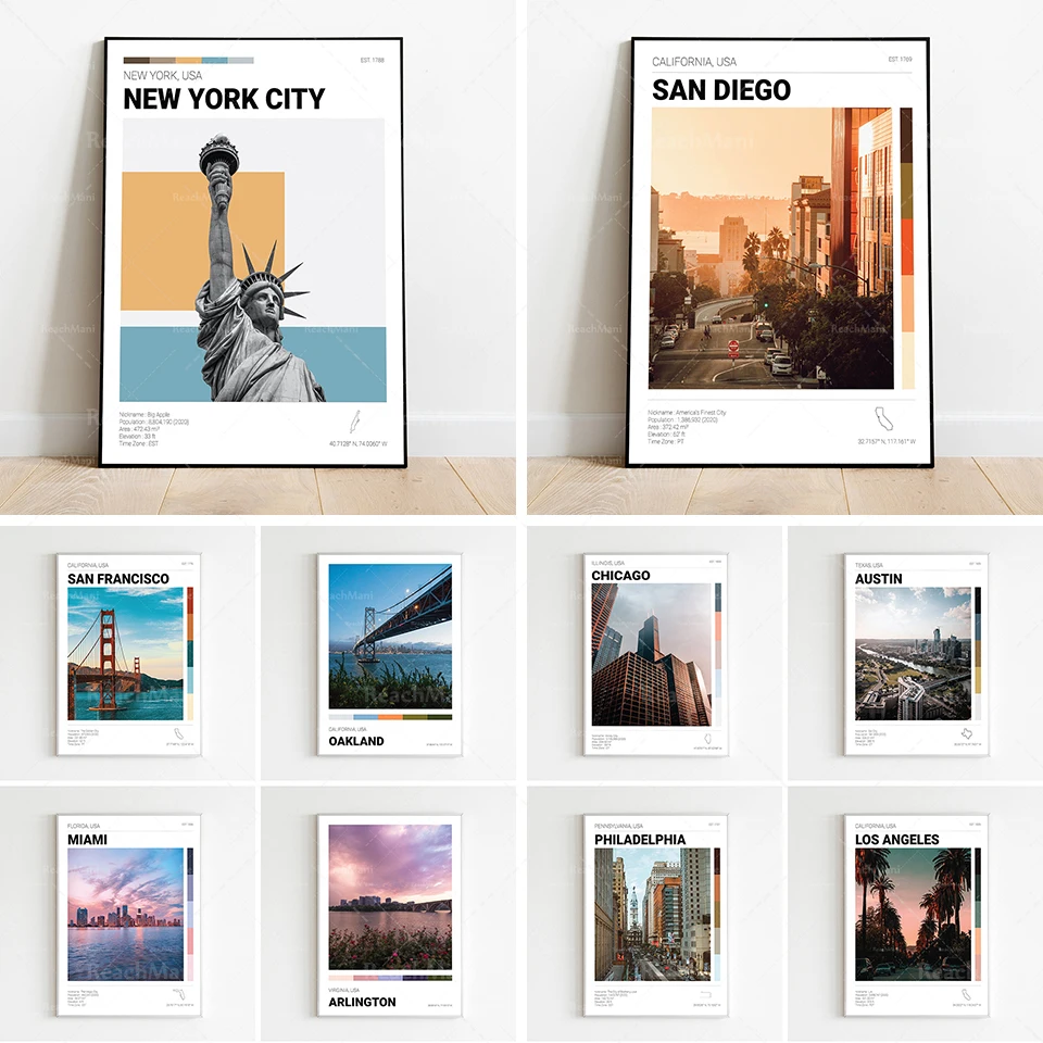 Chicago Illinois, New York, Philadelphia, San Diego, Los Angeles, Austin, Dallas Texas, Oakland, Virginia, Miami travel posters
Chicago Illinois, New York, Philadelphia, San Diego, Los Angeles, Austin, Dallas Texas, Oakland, Virginia, Miami travel posters