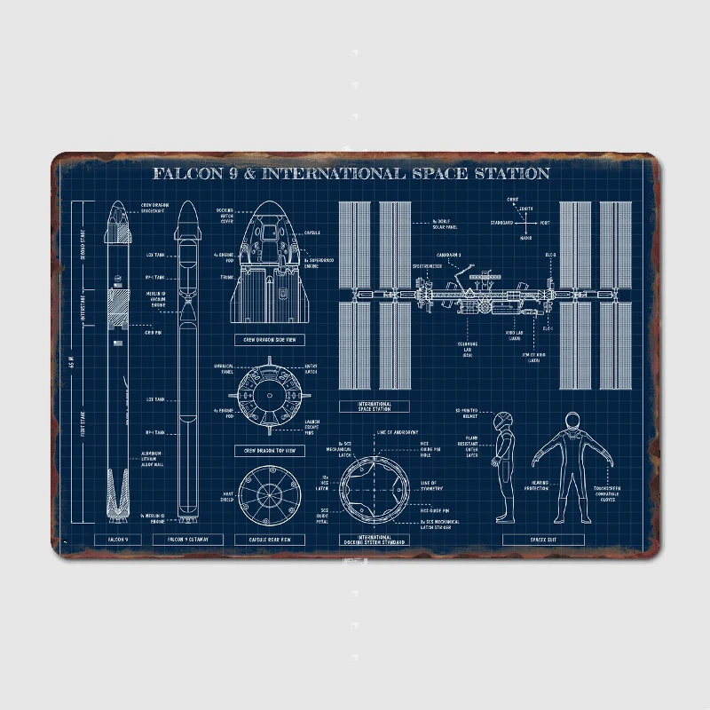 Space X Falcon 9 & International Space Station Navy Blueprint Metal Sign Wall Pub Mural Design Painting Décor Tin Sign Posters
Space X Falcon 9 & International Space Station Navy Blueprint Metal Sign Wall Pub Mural Design Painting Décor Tin Sign Posters