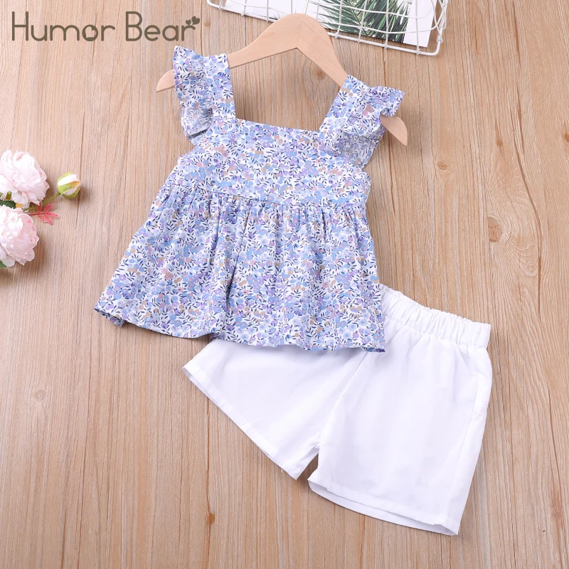 

Humor Bear Girls Clothes Sets Summer Flying Sleeve Floral Printed Vest +Solid Color Short 2Pcs Casual Toddler Clothes