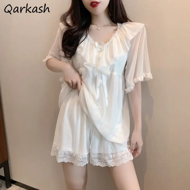 Mesh Pajama Sets Women V-neck Ruffles Short Sleeve Solid Elegant Sweet Home Sleepwear Night Females Lovely Korean Style College
Mesh Pajama Sets Women V-neck Ruffles Short Sleeve Solid Elegant Sweet Home Sleepwear Night Females Lovely Korean Style College