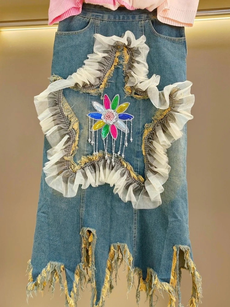 Irregular Ruffles Denim Skirt Heavy Beading Lace Patchwork Tassel Pockets Skirts for Women Female Slim Chic Summer Mujer Faldas
Irregular Ruffles Denim Skirt Heavy Beading Lace Patchwork Tassel Pockets Skirts for Women Female Slim Chic Summer Mujer Faldas