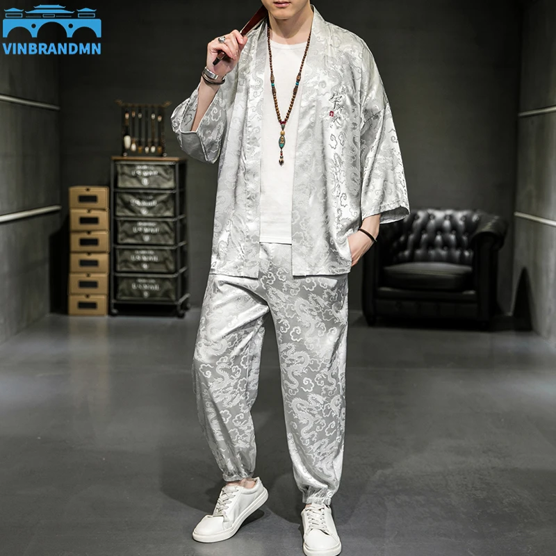 Костюм-кимоно Мужской Быстросохнущий из 2 предметов, гавайская рубашка с короткими рукавами, пляжные брюки до щиколотки, лето 2021 
Костюм-кимоно Мужской Быстросохнущий из 2 предметов, гавайская рубашка с короткими рукавами, пляжные брюки до щиколотки, лето 2021