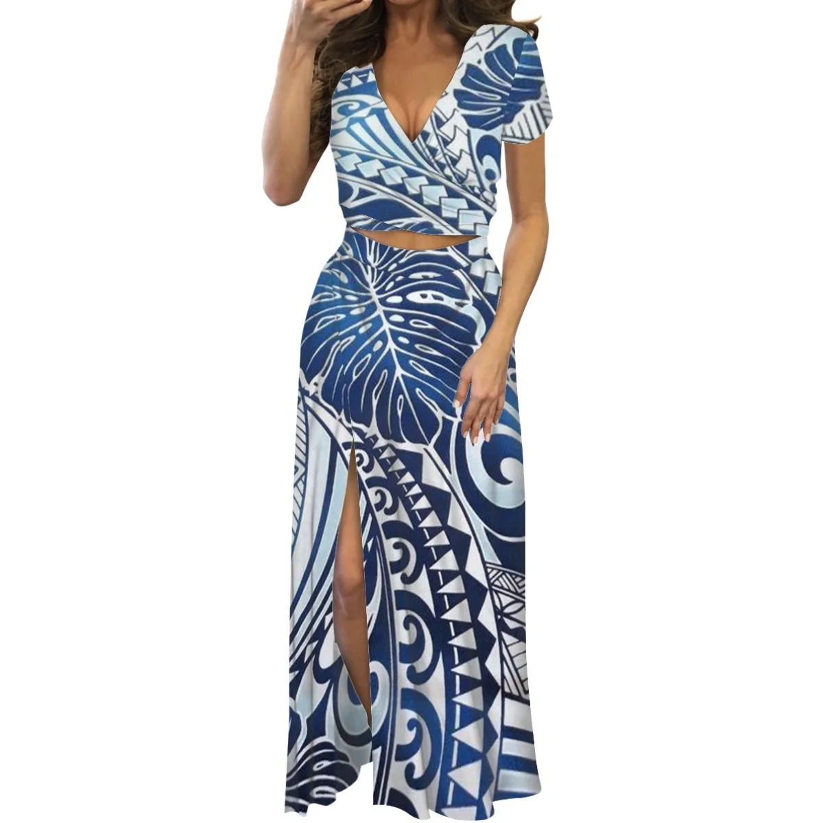 HYCOOL Polynesian Tribal Blue Leaf Totem Prints New Arrival V-neck Short Sleeve Long Two-Piece Elegant Evening Dresses For Women
HYCOOL Polynesian Tribal Blue Leaf Totem Prints New Arrival V-neck Short Sleeve Long Two-Piece Elegant Evening Dresses For Women