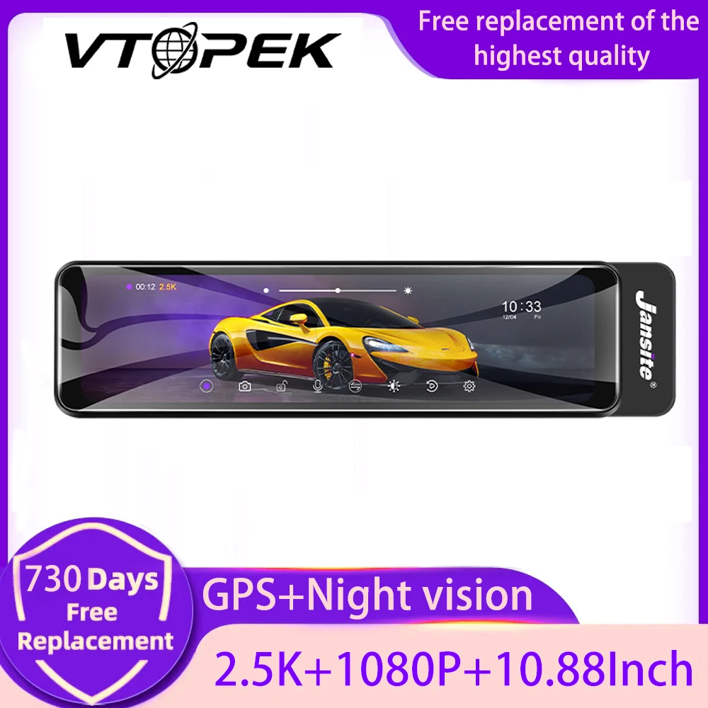 

Vtopek 10" Ultra HD 2.5K Car DVR Touch Screen Video Recorder Dual Lens Rearview Mirror Dash Cam 1080P Front and Rear Camera GPS