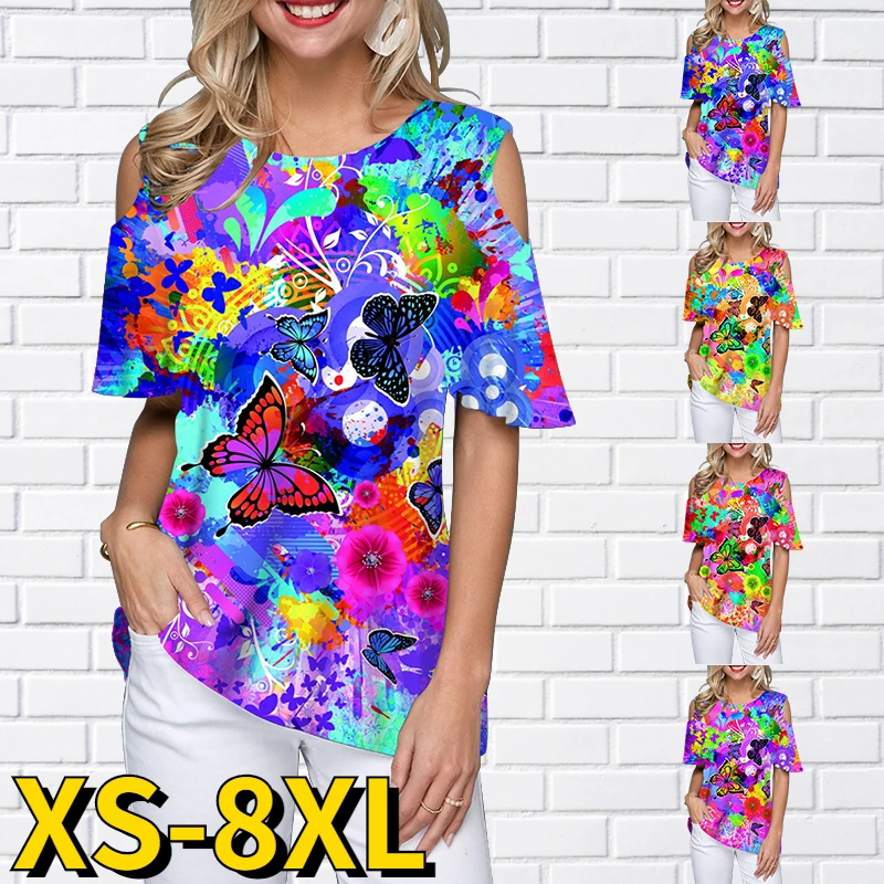 2022 New Summer Women's Tops Round Neck Short Sleeve T-shirt Butterfly Print Casual T-shirt Fashion Off-the-shoulder Pullover 
2022 New Summer Women's Tops Round Neck Short Sleeve T-shirt Butterfly Print Casual T-shirt Fashion Off-the-shoulder Pullover