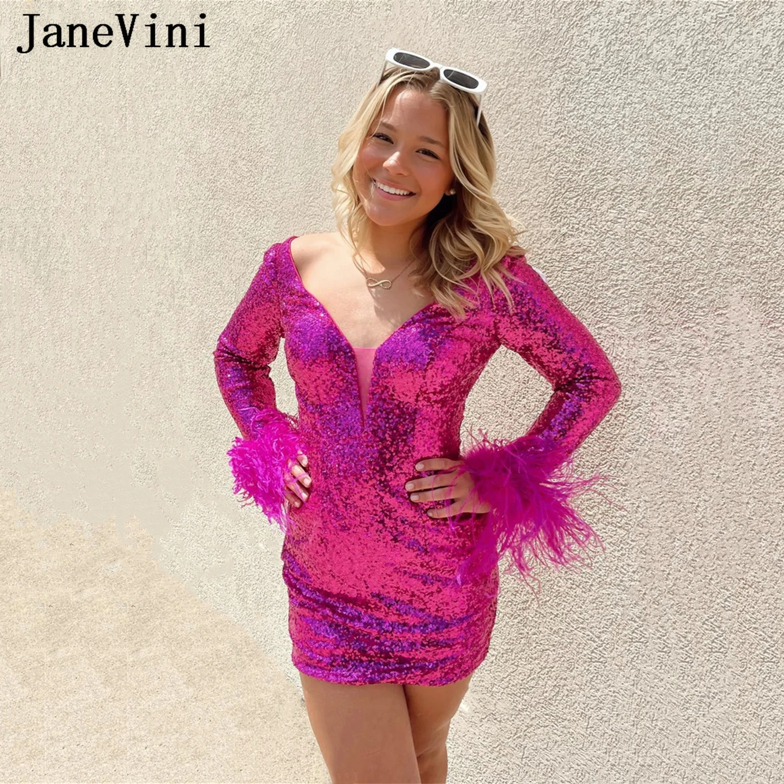 JaneVini Luxury Fuchsia Sequin Homecoming Dresses with Feathers Sheath Long Sleeve V-Neck Party Cocktail Gown Vestidos De Fiesta
JaneVini Luxury Fuchsia Sequin Homecoming Dresses with Feathers Sheath Long Sleeve V-Neck Party Cocktail Gown Vestidos De Fiesta