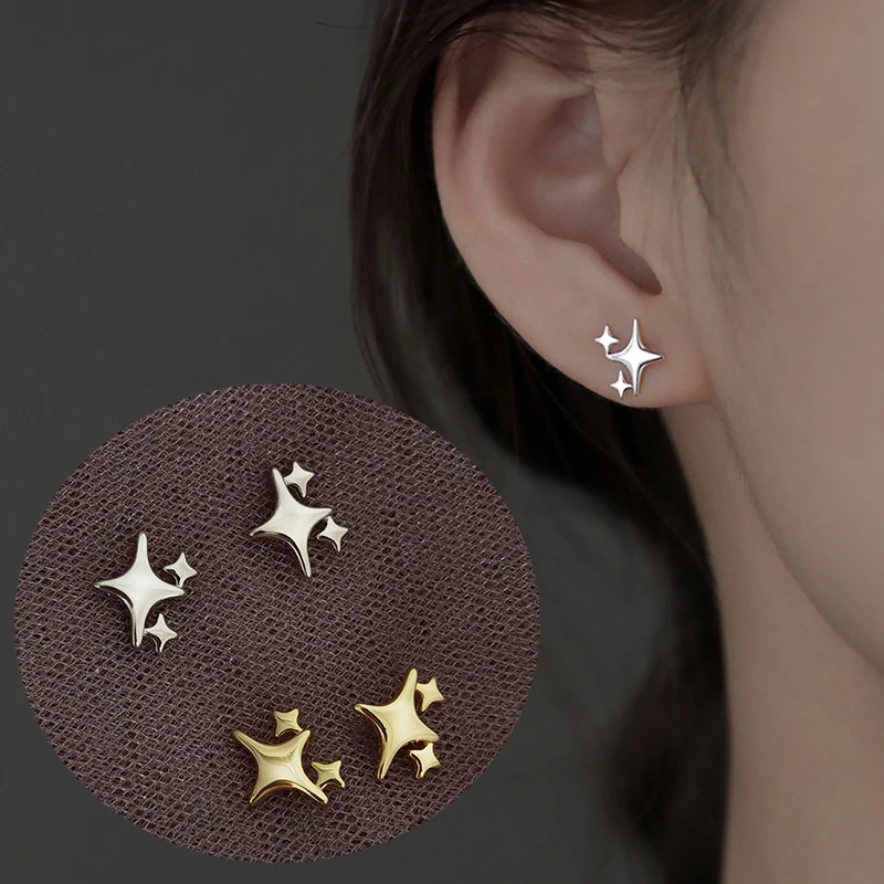 

S925 Silver Needle Gold Color Star Small Stud Earrings For Women Girl Korean Tiny Asymmetry Cross Earring Summer Jewelry Gift