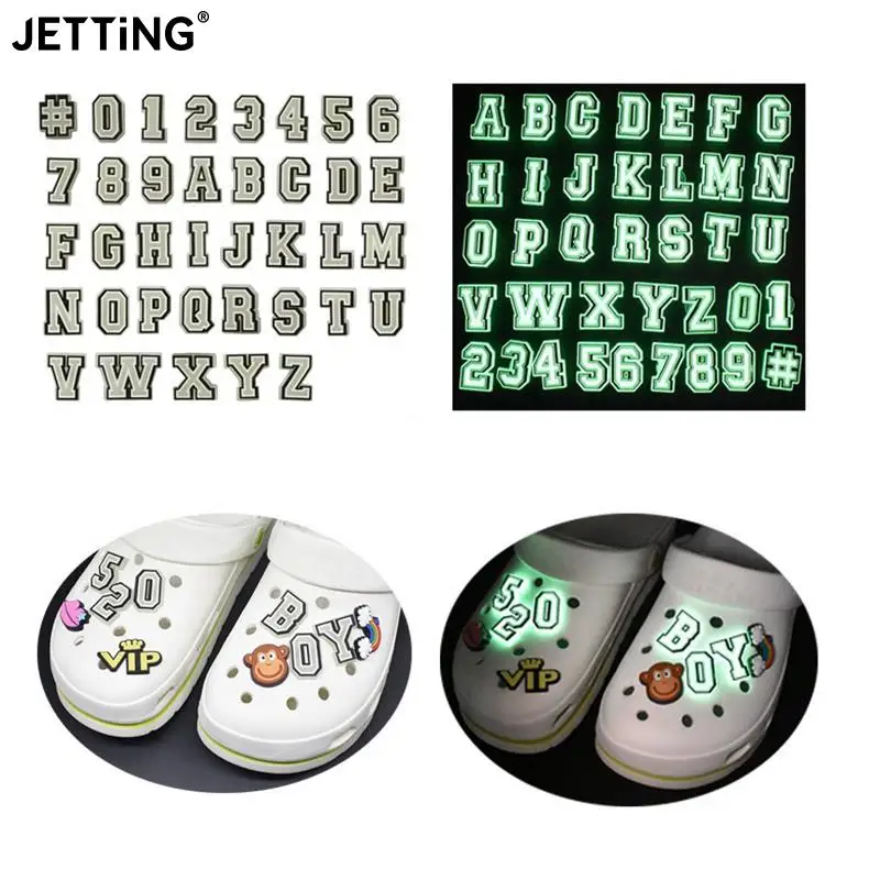 

NEW 1PC PVC Shoes Charms Glow in Dark-Letters Charms for Shoes Bands Kawaii Bracelet Buckle Fit Wristband Luminous Alphabet