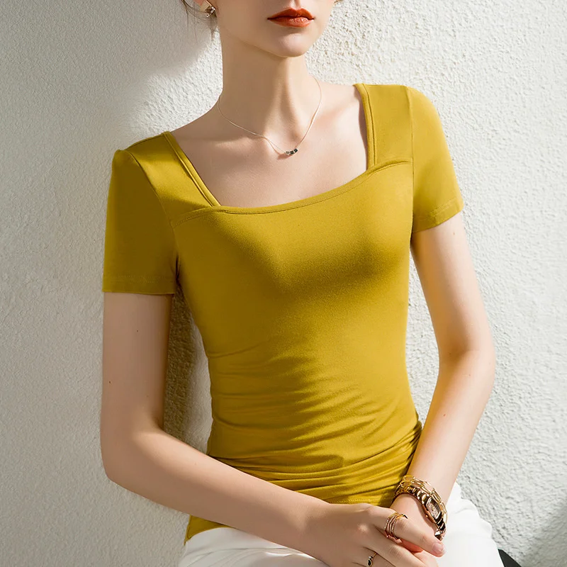 #5020 Black Yellow Short Sleeve T Shirt Women Square Collar Skinny T Shirt Female Modal Sexy Basic T-shirt Femme Thin Summer2022
#5020 Black Yellow Short Sleeve T Shirt Women Square Collar Skinny T Shirt Female Modal Sexy Basic T-shirt Femme Thin Summer2022