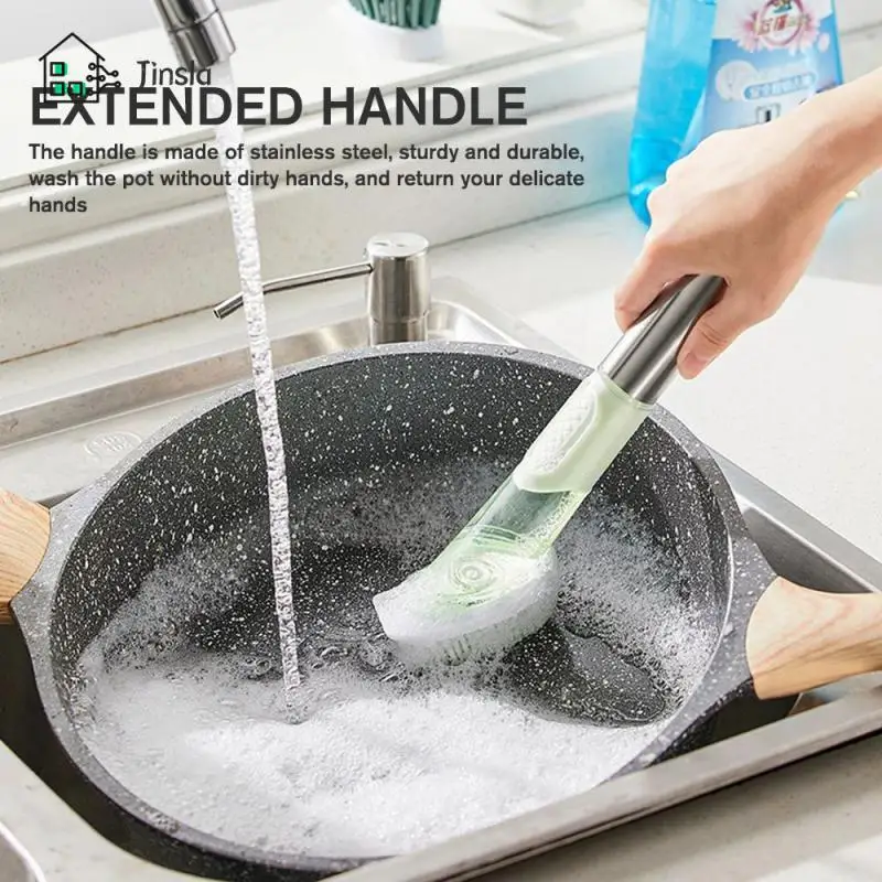 

3-in-1 Long-handled Cleaning Brush Kitchen Cleaning Brush With Detachable Brush Sponge Dispenser Dishwashing Brush
