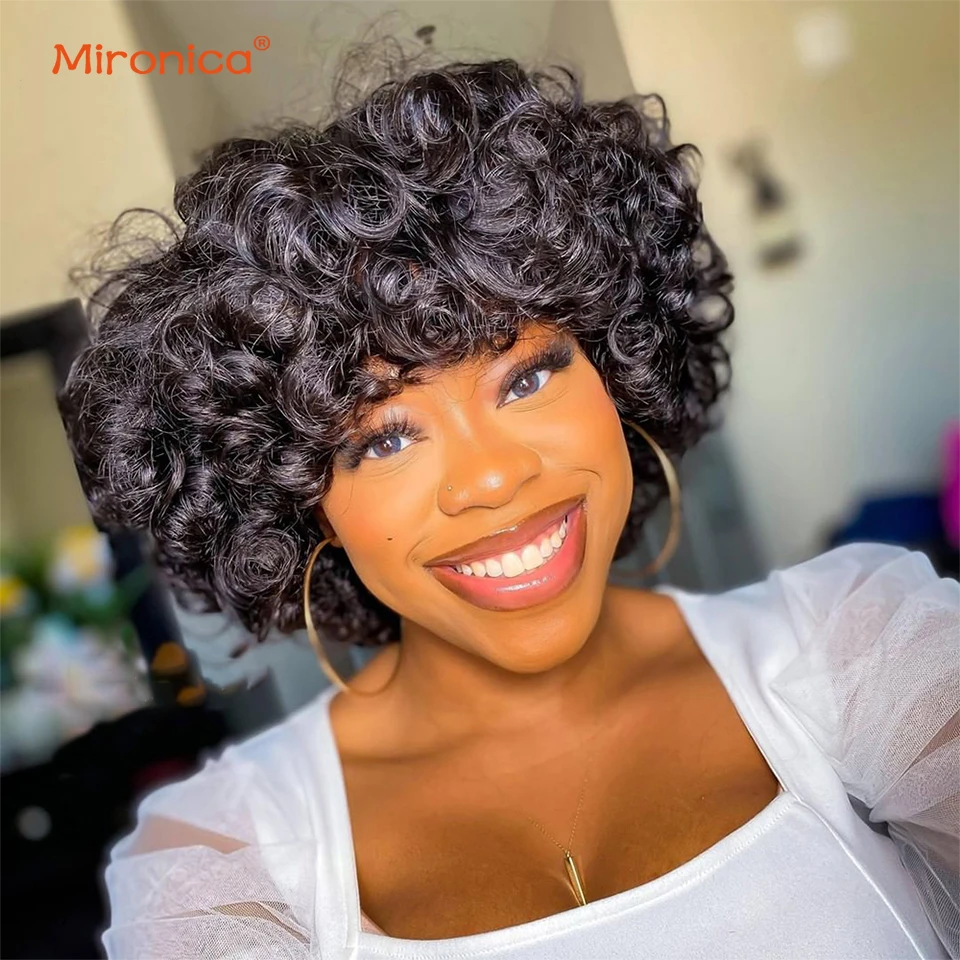 

99J Chocolate Brown Colored 200% Rose Bouncy Curly Human Hair Wig with Bang Brazilian Remy Funmi Curly Pixie Cut Wig For Women