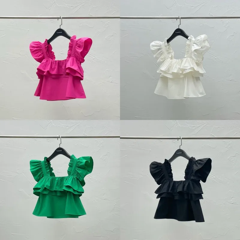 

Summer Kids Girls Vest Baby Blouse Children Clothes Sleeveless Flying Layered Ruffle Lace Solid Strap 3-14 Girls flounce shirt