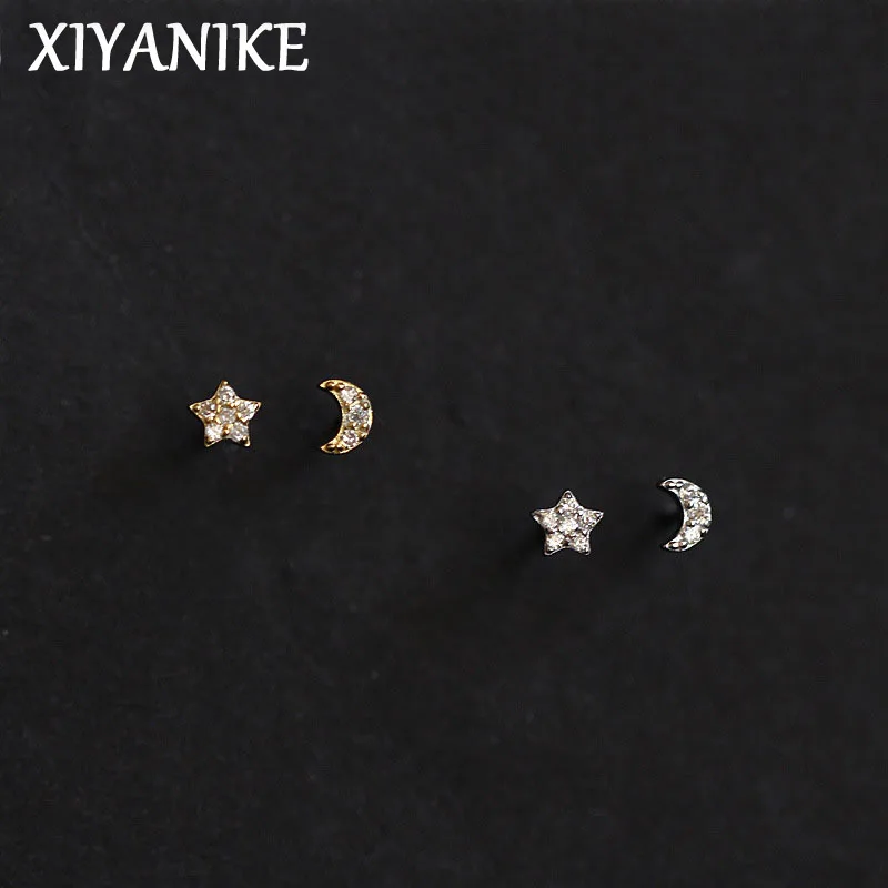 

XIYANIKE Asymmetric Mini Cute Star Moon Ear Stud Earrings For Women Beauty Fashion New Piercing Jewelry Girl Gift Party сережки