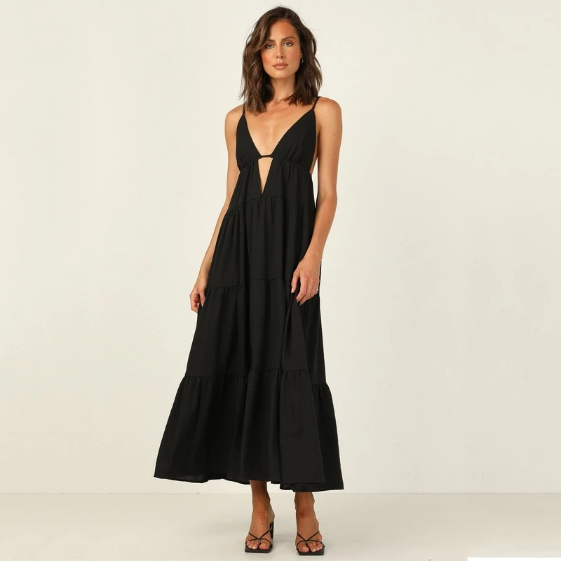 Solid Sleeveless Womens Dress Spring Summer New V Neck Hollow Black Spaghetti Strap Long Dress for Women
Solid Sleeveless Womens Dress Spring Summer New V Neck Hollow Black Spaghetti Strap Long Dress for Women