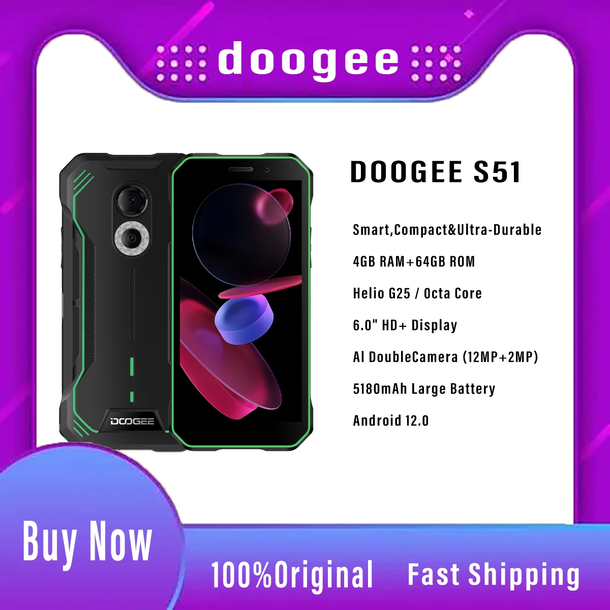 

New DOOGEE S51 Smartphone 12MP AI Double Camera 5180mAh Rugged Phone 8MP Front Camera 4GB +64GB 6.0" HD Octa Core Cellphone