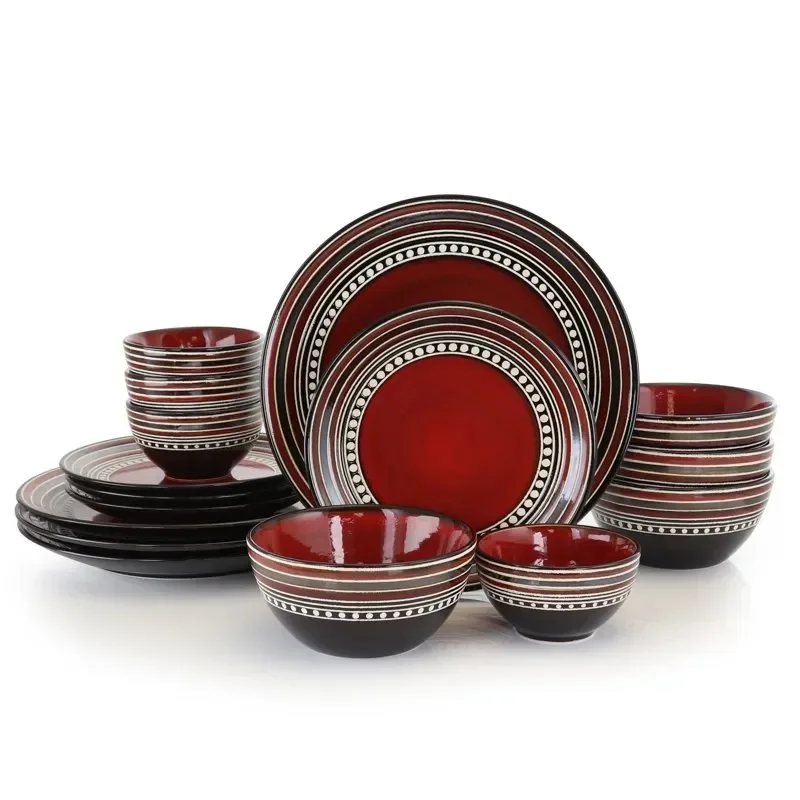 

Cafe Versailles 16 Pieces Double Bowl Dinnerware Set-Red Health and Safety Tableware