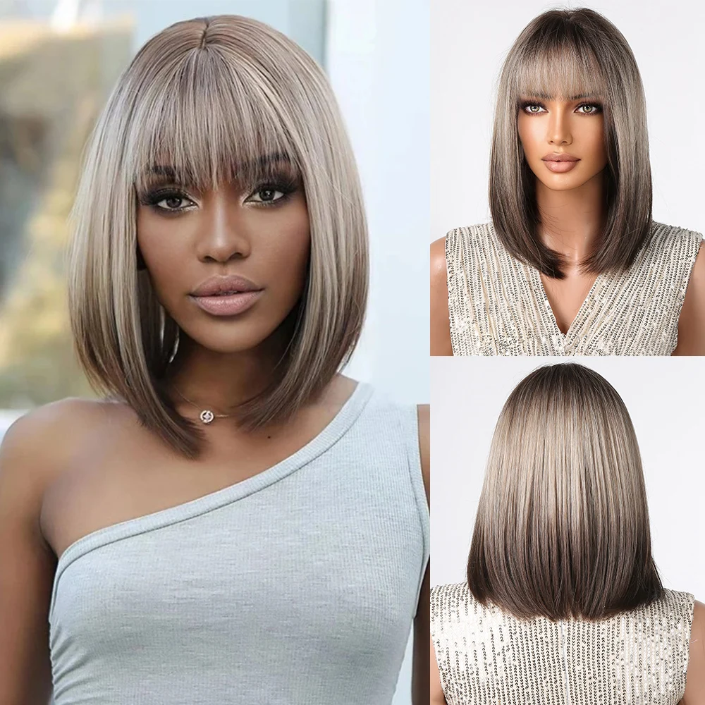 

Ash Blonde to Brown Ombre Synthetic Wigs for Women Short Straight Bob Wigs with Bangs Cosplay Party Daily Heat Resistant Hair