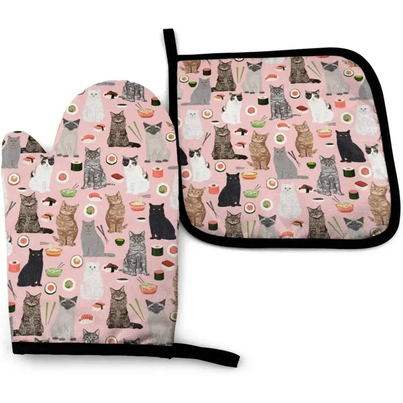 Жаропрочные перчатки для духовки, прихватки для суши и кастрюль с изображением кошки, для кухни, безопасное Приготовление выпечки, гриля