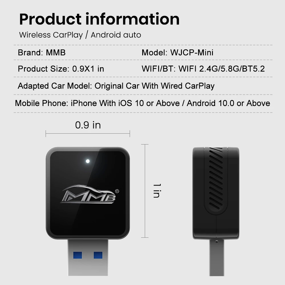 MMB Проводной к беспроводному Wi-Fi Bluetooth 5.2 Мини-адаптер Apple Carplay Автоматическое подключение Plug and Play Fota Обновление GPS-навигатора
MMB Проводной к беспроводному Wi-Fi Bluetooth 5.2 Мини-адаптер Apple Carplay Автоматическое подключение Plug and Play Fota Обновление GPS-навигатора