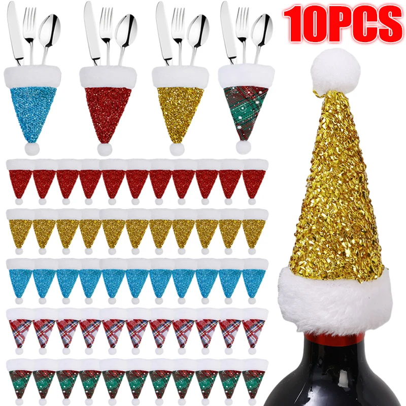 

1-10PCS Christmas Candy Topping Hat With Lollipop Mini Christmas Hat Cute Cutlery Wine Bottle For Home Xmas Party Decoration