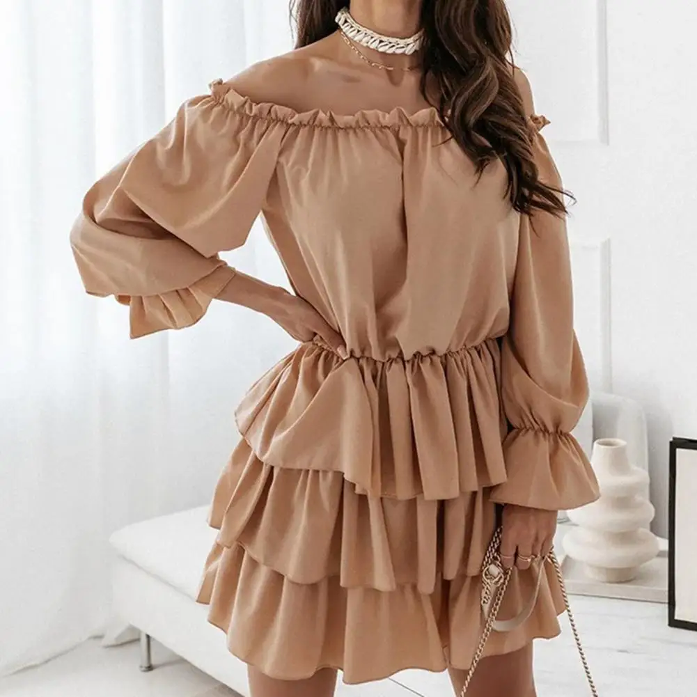 

Slash Neck Solid Color Mini Dress Women Long Sleeve Ruffle Hem Tunic Cake Dress Streetwear