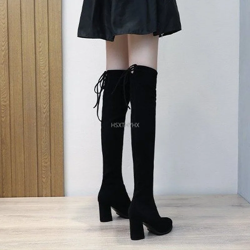 Привлекательные облегающие эластичные сапоги выше колена из флока женская обувь