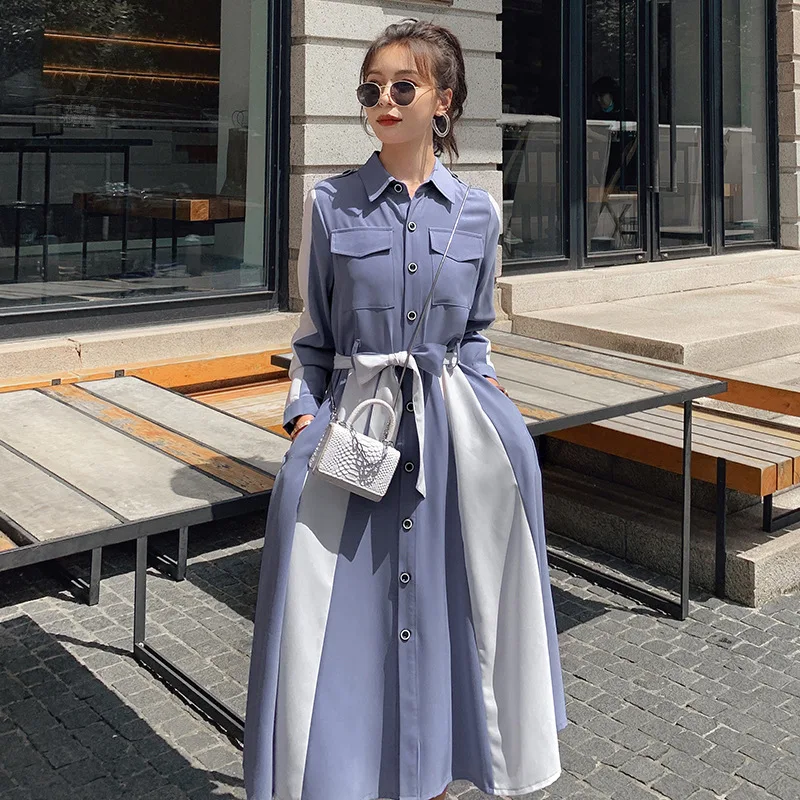 Korean Version Blue Stitching Long-sleeved Dress Women's Mid-length Large Swing Skirt Early Spring Thin Shirt Skirt Women
Korean Version Blue Stitching Long-sleeved Dress Women's Mid-length Large Swing Skirt Early Spring Thin Shirt Skirt Women