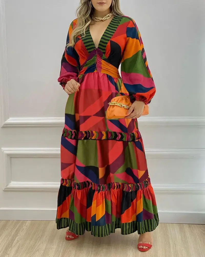2022 Summer Woman Chic Deep V Neck Geometric Print Ruffles Hem Lantern Sleeves Casual Maxi Long Sleeves Dress
2022 Summer Woman Chic Deep V Neck Geometric Print Ruffles Hem Lantern Sleeves Casual Maxi Long Sleeves Dress